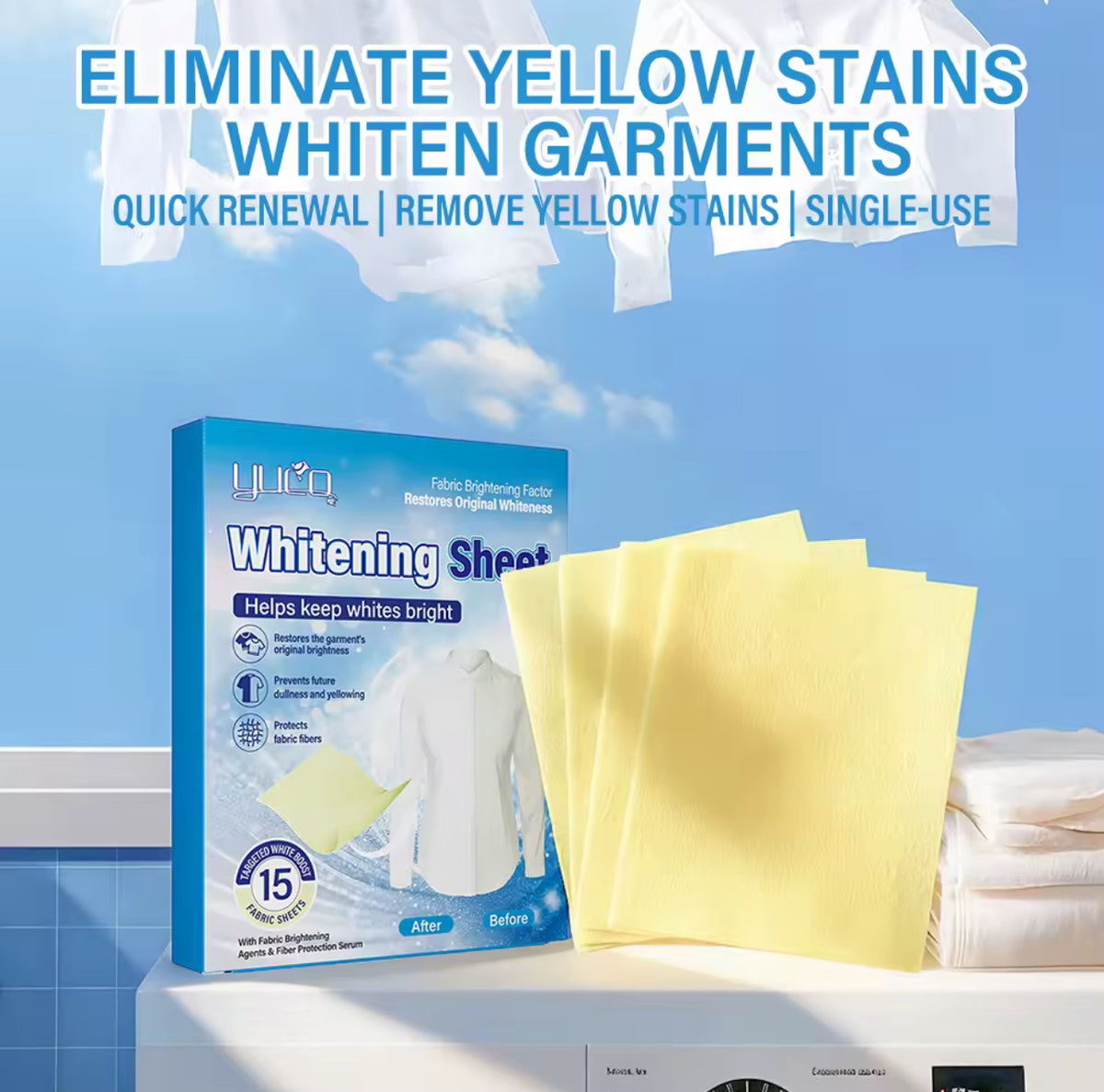 Laundry Whitener Sheets – Dye-Free Fabric Whitening Detergent Sheets for Whites & Colors (Bleach-Free)