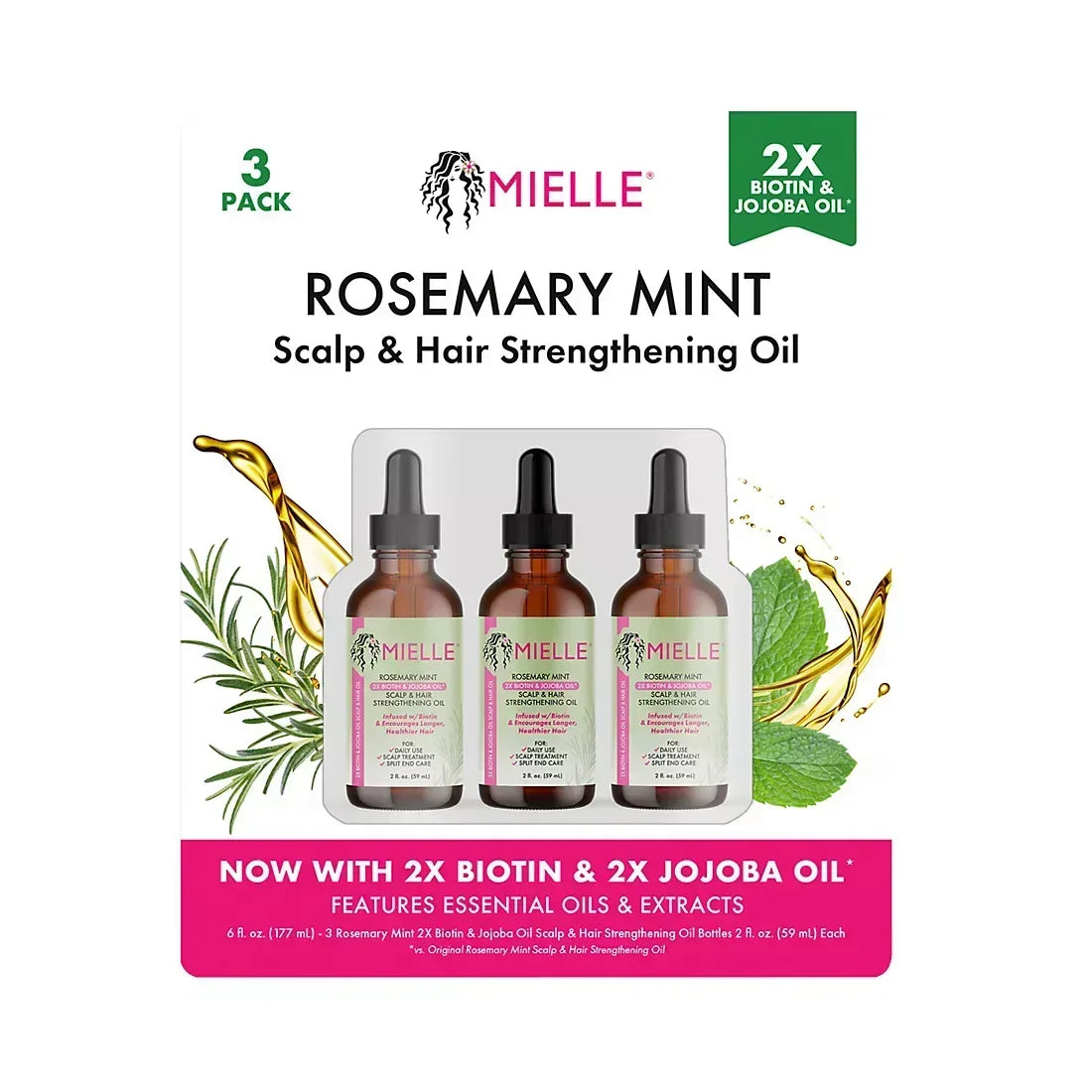 Mielle Rosemary Mint Scalp & Hair Strengthening Oil, 3 pk./2 fl. oz