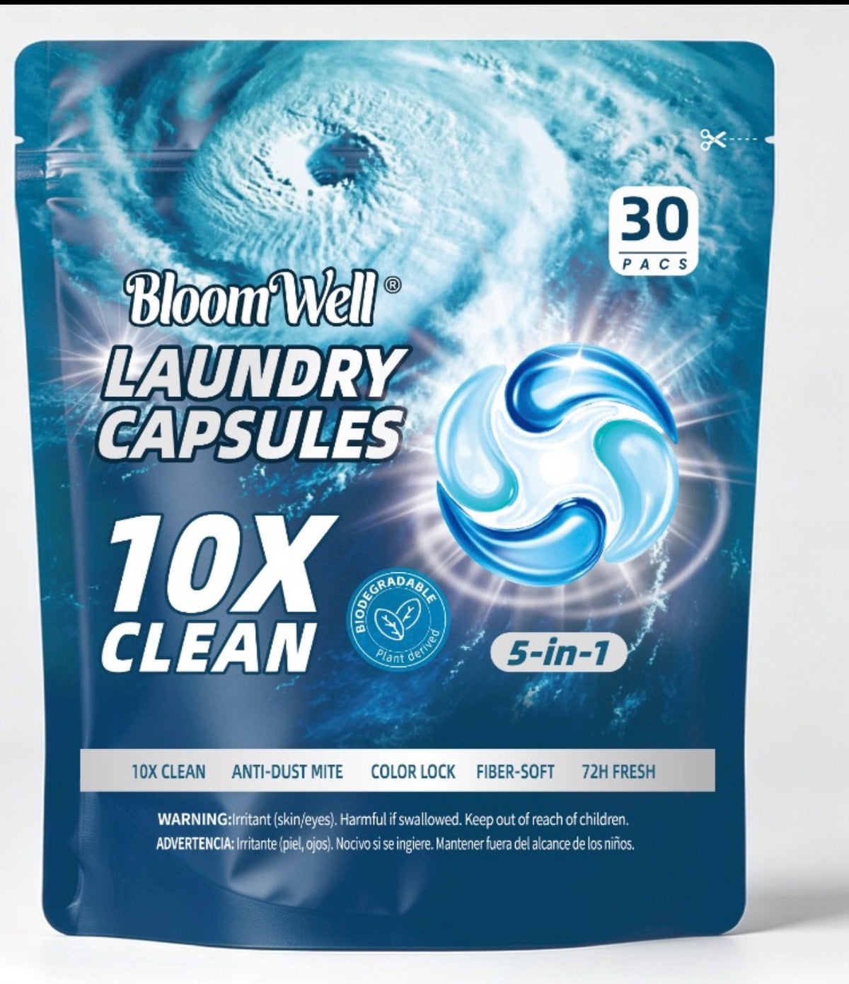 BloomWell Ocean Mirage 5-in-1 Laundry Capsules, 30 pacs, front of pack