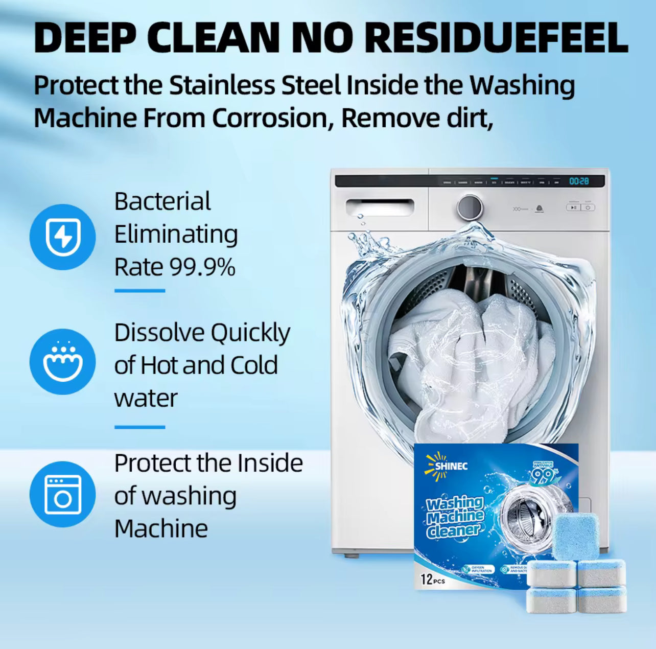 Eco-Friendly Chlorine-Free Washing Machine Cleaner Tablets – Biodegradable & Safe (12pcs/Pack)