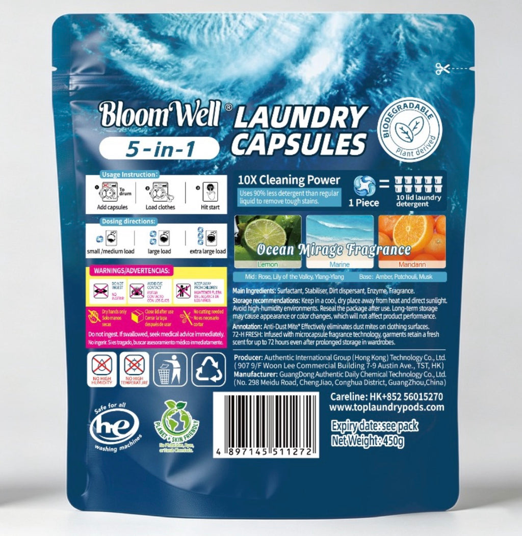 BloomWell Ocean Mirage 5-in-1 Laundry Capsules, back of pack with usage instructions
