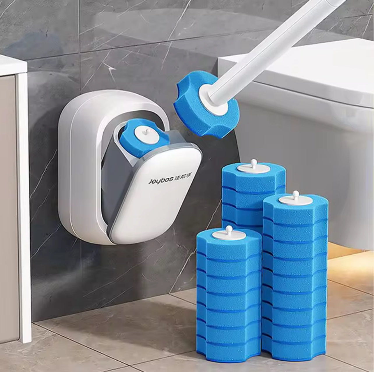 Joybos Wall Mounted Toilet Bowl Brush with Holder – Disposable Sponge Head, Long Handle Bathroom Cleaner Set