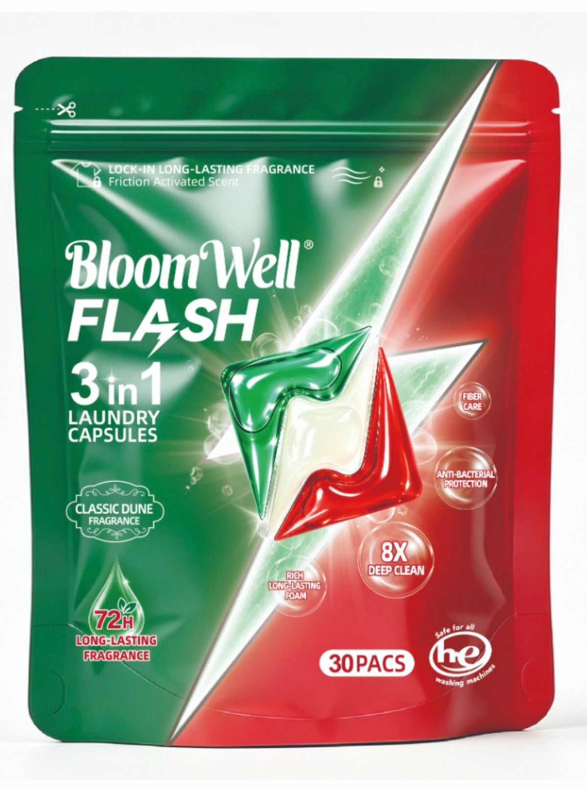 BloomWell Flash 3-in-1 Laundry Capsules – High Foaming, Deep Clean, 30 Pods | Classic Dune ZubaPods