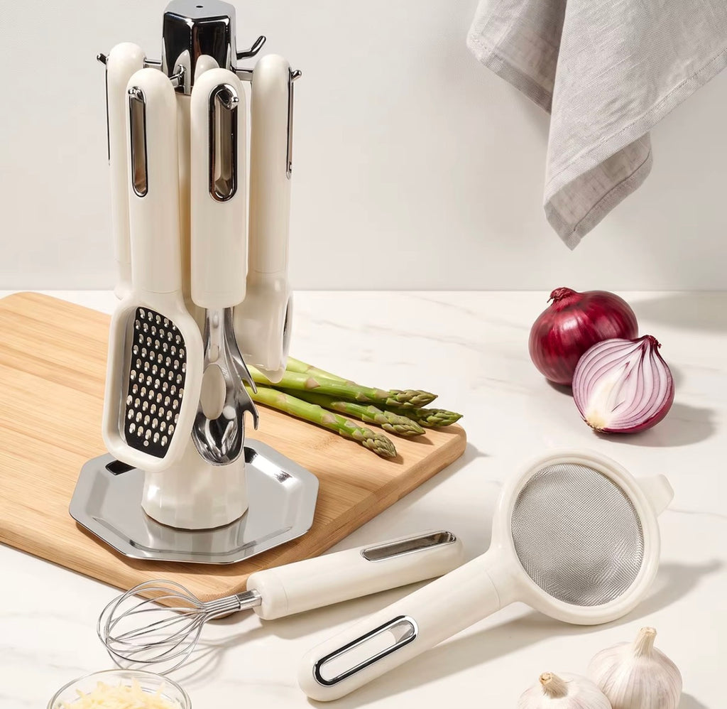 7-Piece Multifunctional Kitchen Gadget Set with Storage Rack