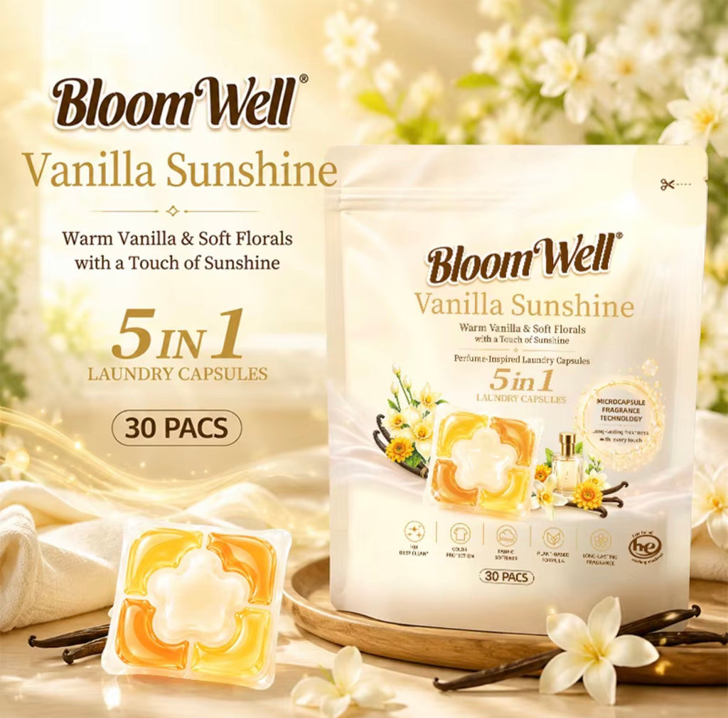 BloomWell Vanilla Sunshine 5-in-1 Laundry Capsules – 30 Pods
