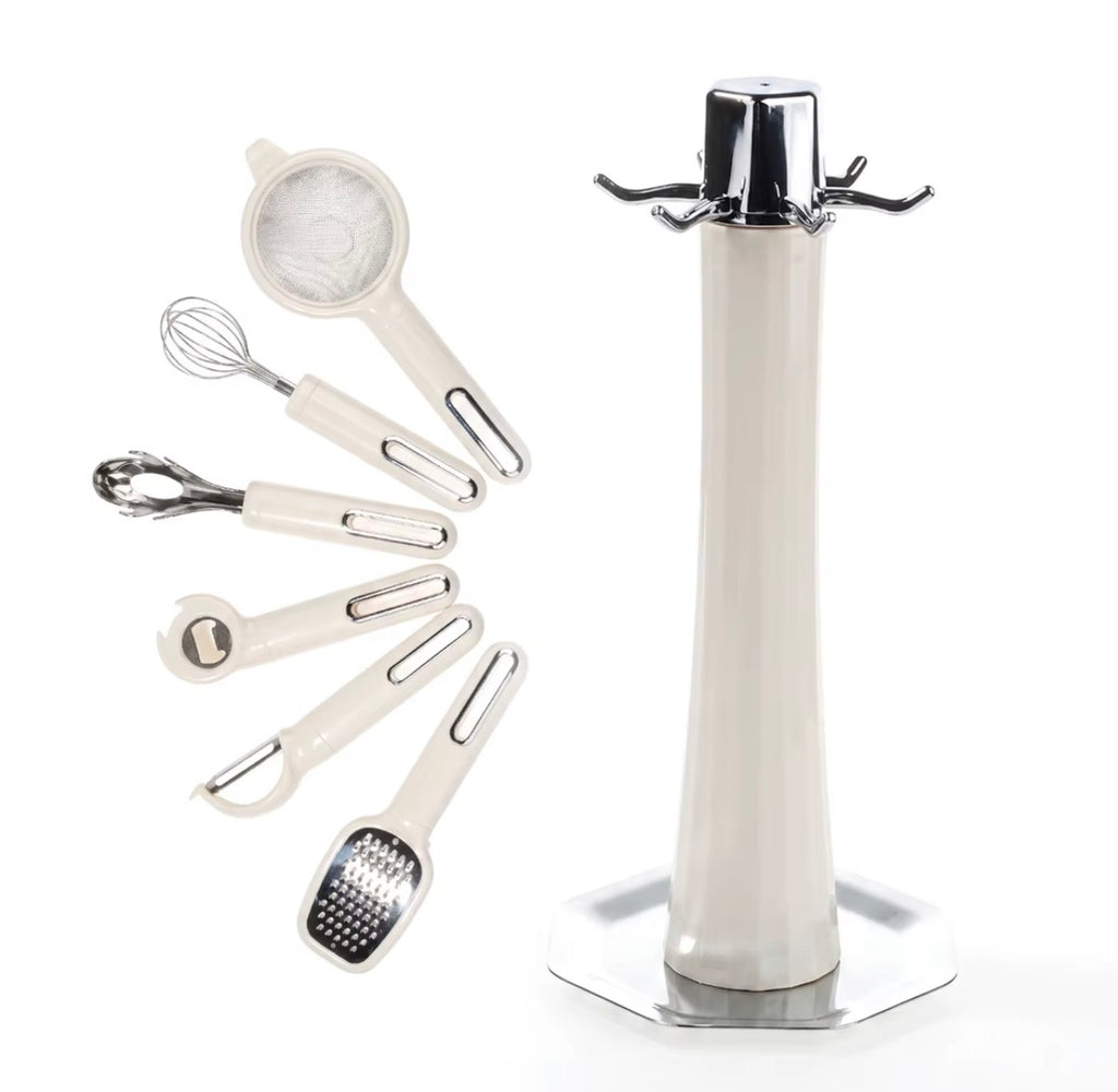 7-Piece Multifunctional Kitchen Gadget Set with Storage Rack
