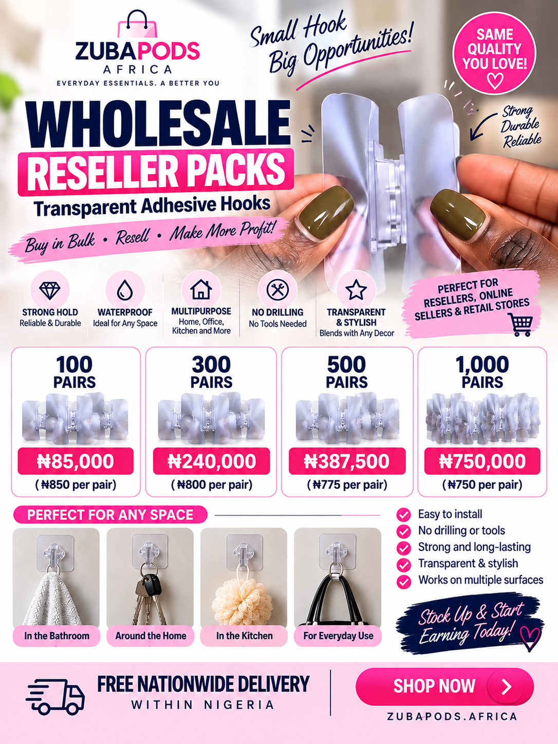 Transparent Adhesive Hooks – Wholesale Reseller Packs | 100–1,000 Pairs