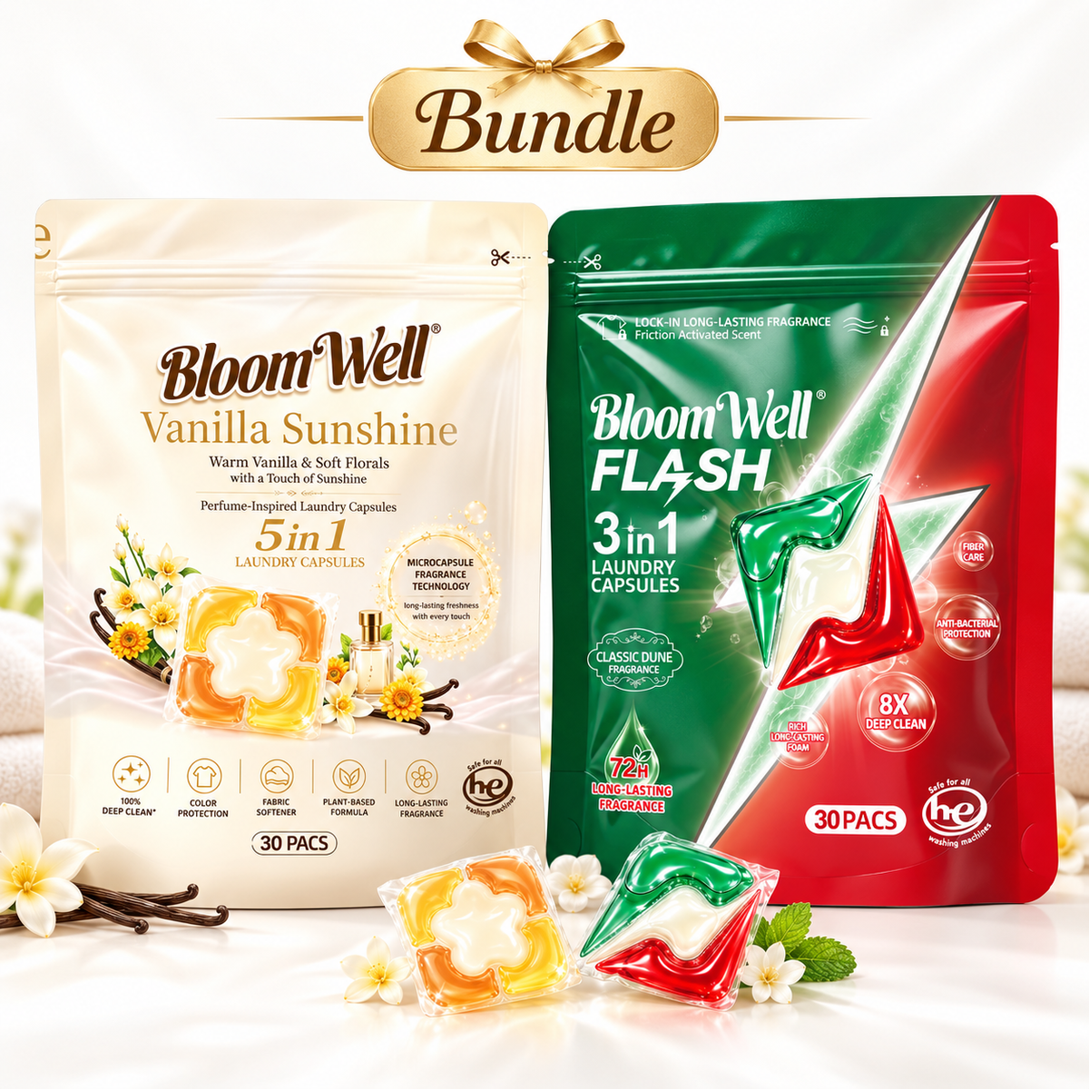 BloomWell Scent Lover Duo Laundry Pods Bundle – Vanilla Sunshine 5-in-1 + Flash 3-in-1 (60 Capsules) ZubaPods Africa