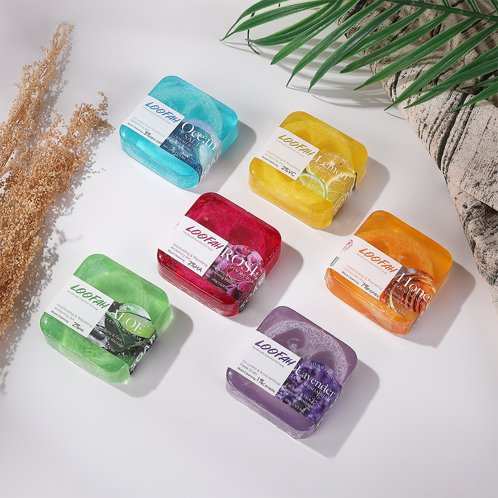 Natural Handmade Loofah Soap Bar with Essential Oils – Acne Removal & Skin Brightening | Honey, Lemon, Lavender, Rose, Sea Salt & Aloe Vera - 2 Packs