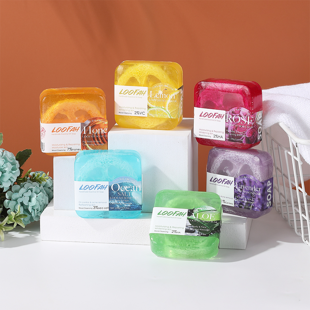 Natural Handmade Loofah Soap Bar with Essential Oils – Acne Removal & Skin Brightening | Honey, Lemon, Lavender, Rose, Sea Salt & Aloe Vera - 2 Packs