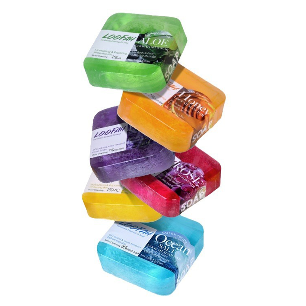 Natural Handmade Loofah Soap Bar with Essential Oils – Acne Removal & Skin Brightening | Honey, Lemon, Lavender, Rose, Sea Salt & Aloe Vera - 2 Packs