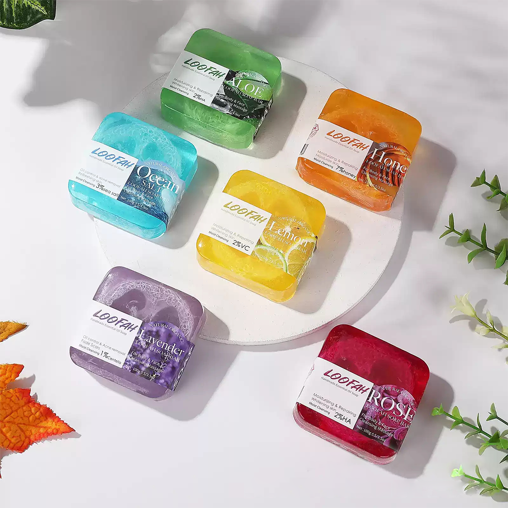 Natural Handmade Loofah Soap Bar with Essential Oils – Acne Removal & Skin Brightening | Honey, Lemon, Lavender, Rose, Sea Salt & Aloe Vera - 2 Packs