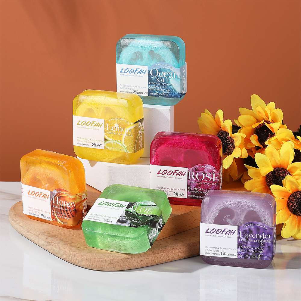 Natural Handmade Loofah Soap Bar with Essential Oils – Acne Removal & Skin Brightening | Honey, Lemon, Lavender, Rose, Sea Salt & Aloe Vera - 2 Packs