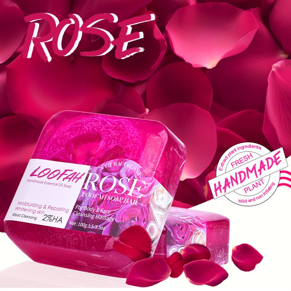 Natural Handmade Loofah Soap Bar with Essential Oils – Acne Removal & Skin Brightening | Honey, Lemon, Lavender, Rose, Sea Salt & Aloe Vera - 2 Packs