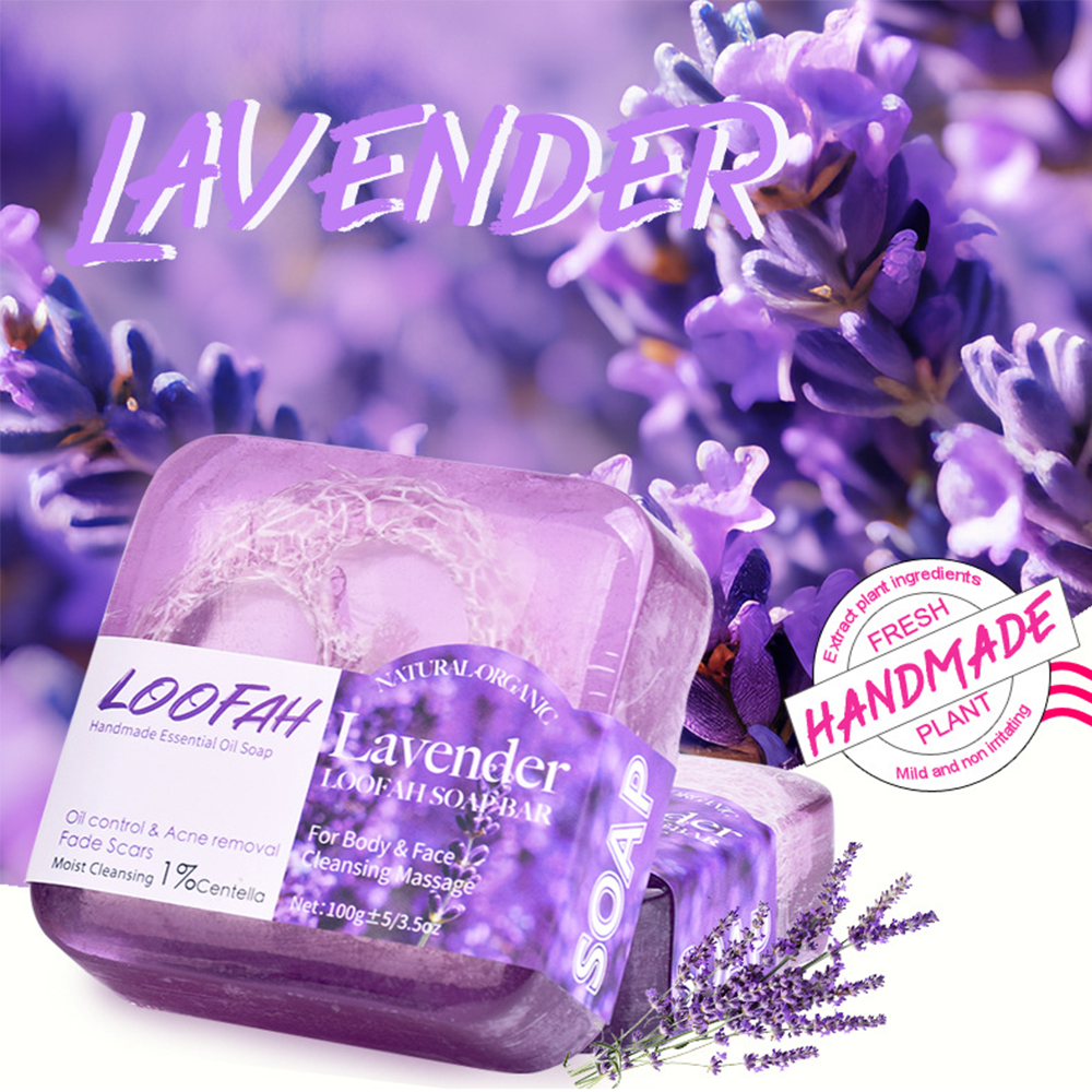 Natural Handmade Loofah Soap Bar with Essential Oils – Acne Removal & Skin Brightening | Honey, Lemon, Lavender, Rose, Sea Salt & Aloe Vera - 2 Packs