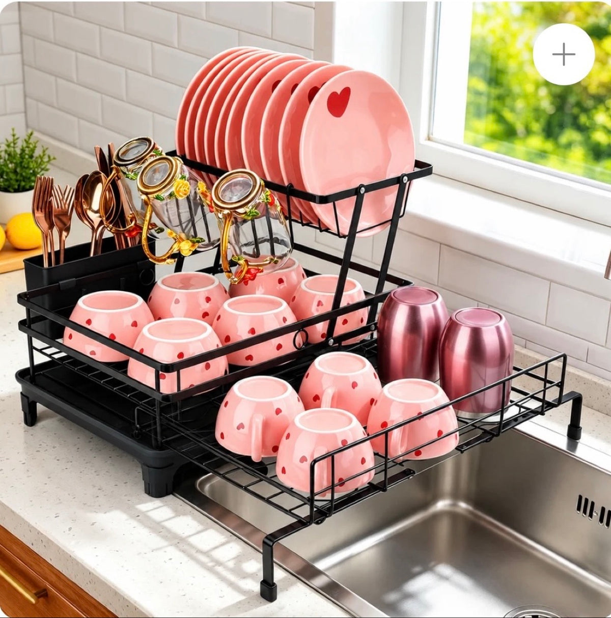 Expandable 2-tier over-sink stainless steel dish drying rack - view 2