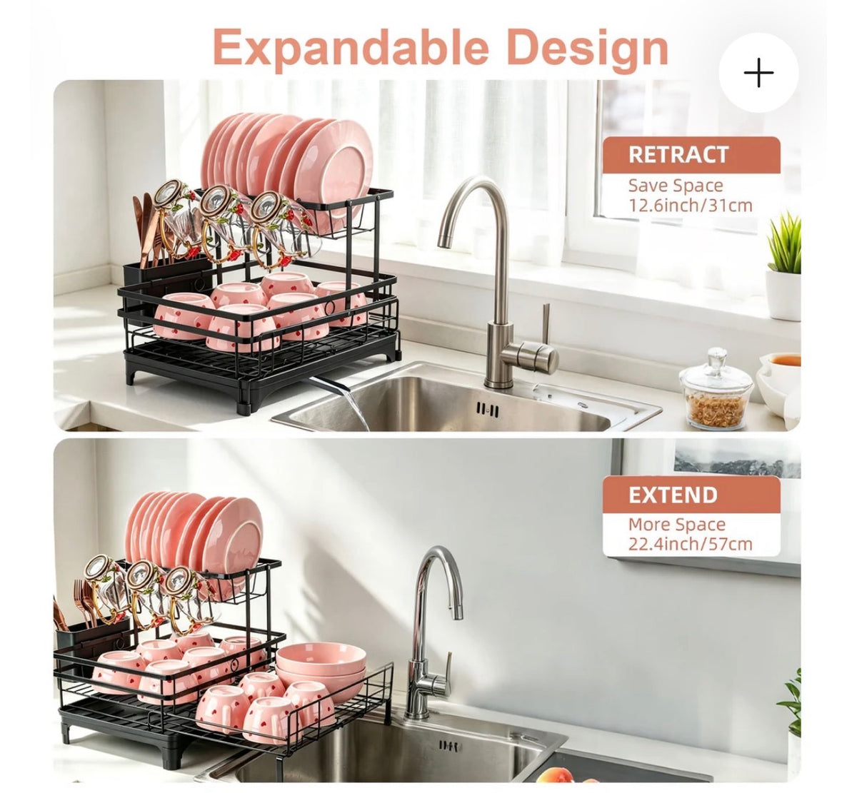 Expandable 2-tier over-sink stainless steel dish drying rack - view 5