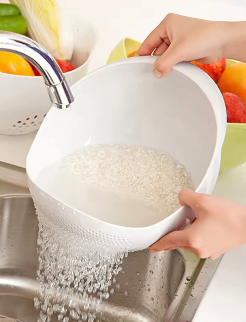 Multipurpose rice washing bowl with side drain holes