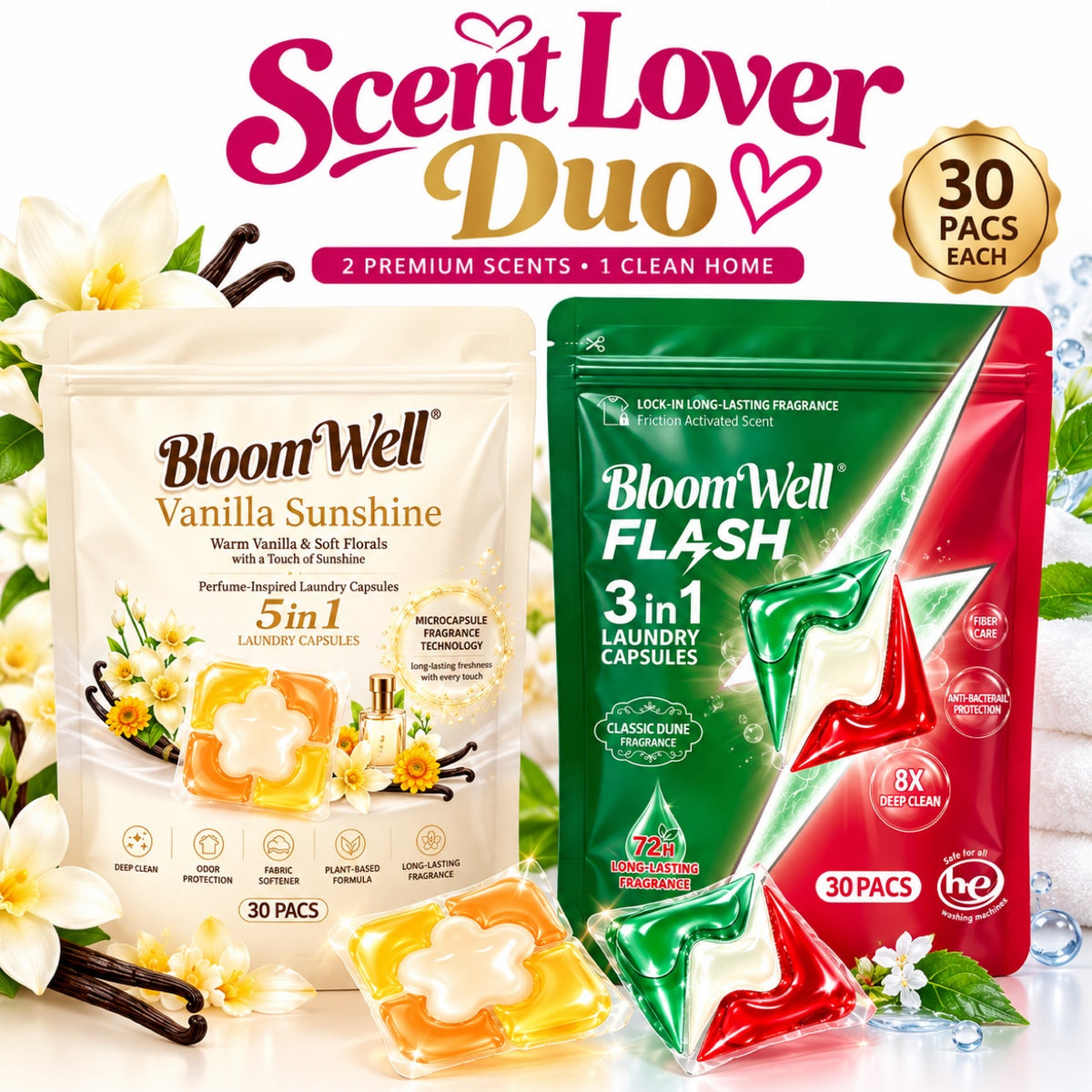BloomWell Scent Lover Duo Laundry Pods Bundle – Vanilla Sunshine 5-in-1 + Flash 3-in-1 (60 Capsules) ZubaPods Africa