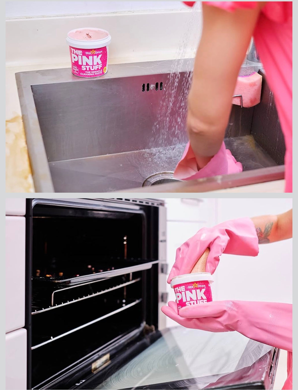 The Pink Stuff cleaning paste used on sink and oven