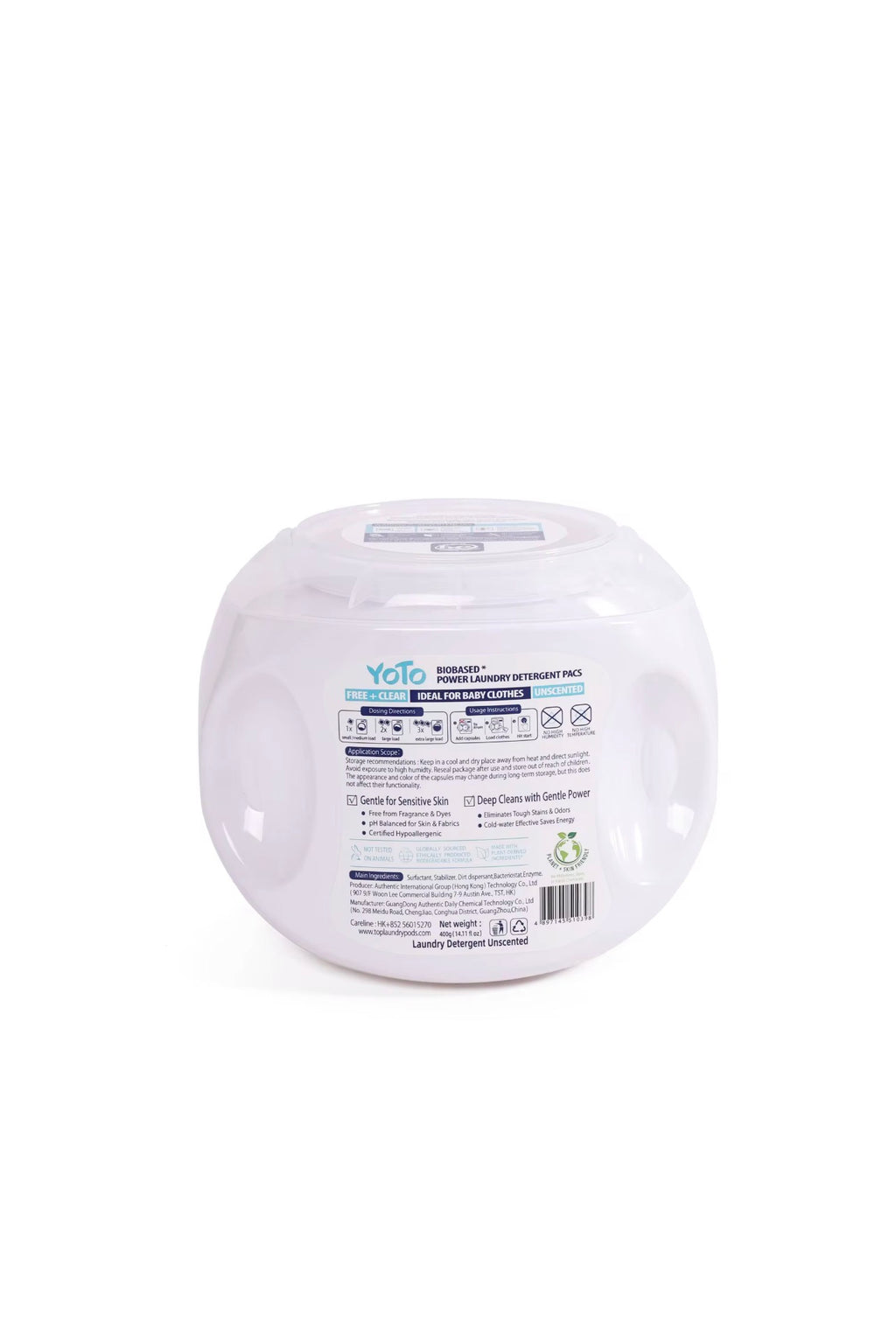 Back label of YOTO Free + Clear biobased laundry detergent pods