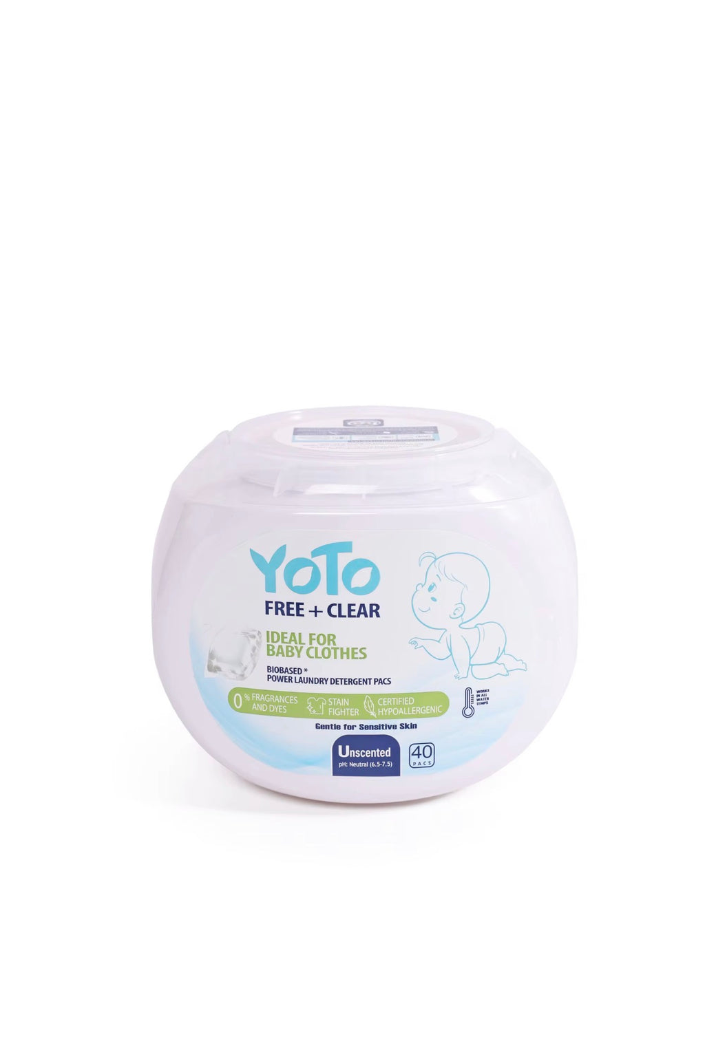 Front view YOTO Free + Clear unscented laundry detergent pods 40 pacs