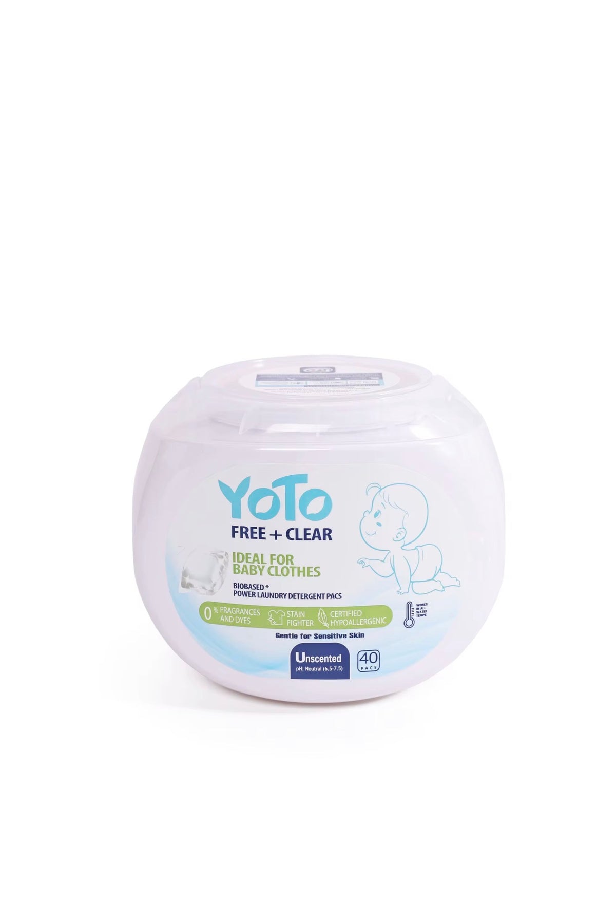 Front view YOTO Free + Clear unscented laundry detergent pods 40 pacs