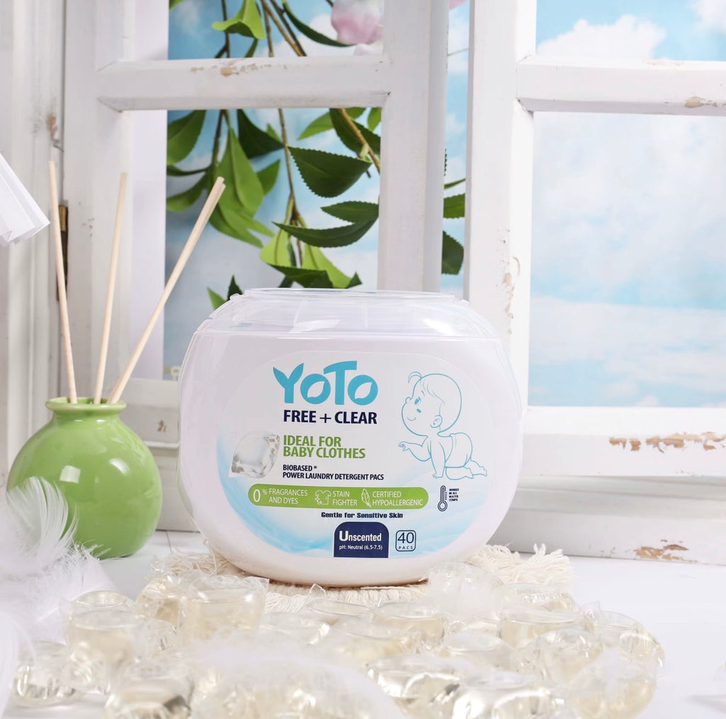 YOTO Free + Clear baby clothes laundry detergent pods product display