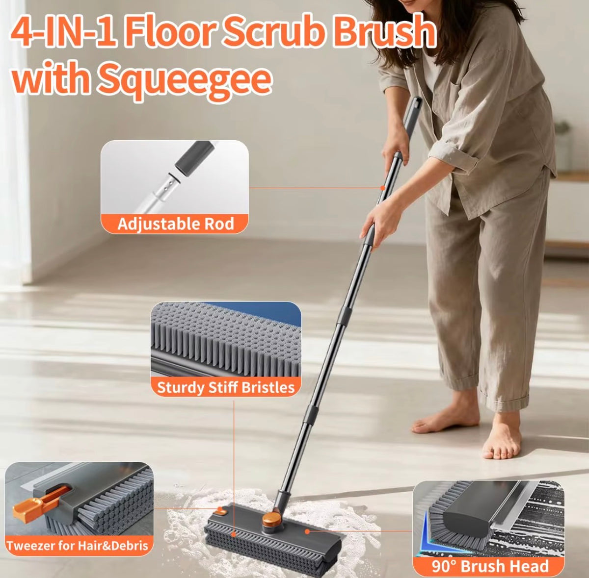 4-in-1 floor scrub brush with squeegee stiff bristles and debris tweezer